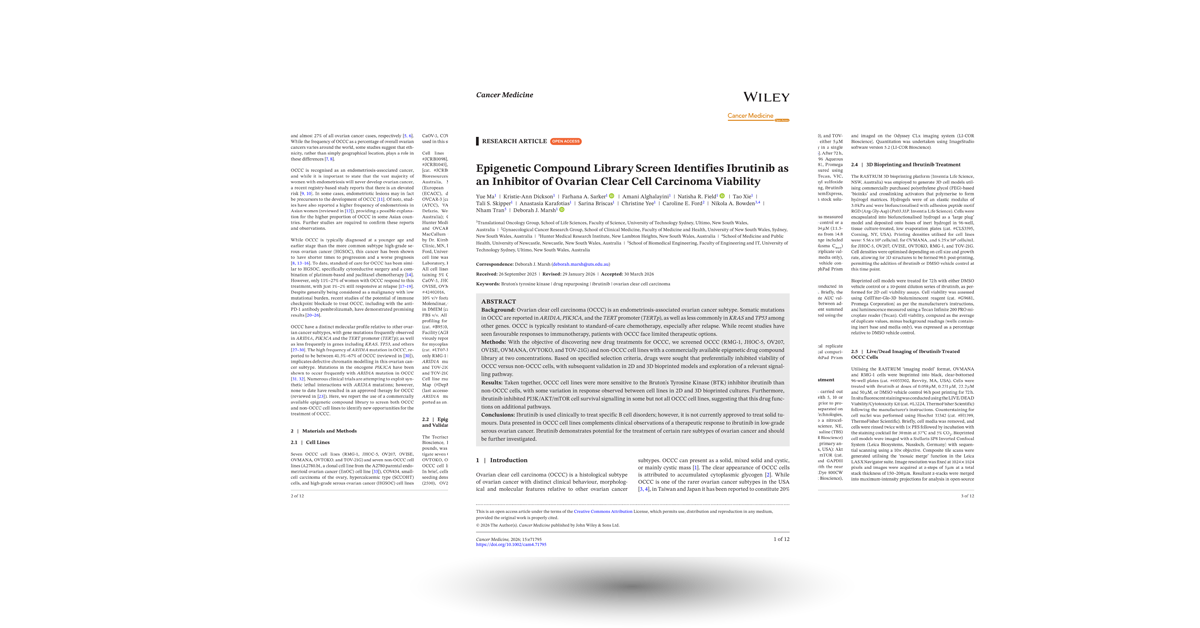Epigenetic Compound Library Screen Identifies Ibrutinib as an Inhibitor of Ovarian Clear Cell Carcinoma Viability