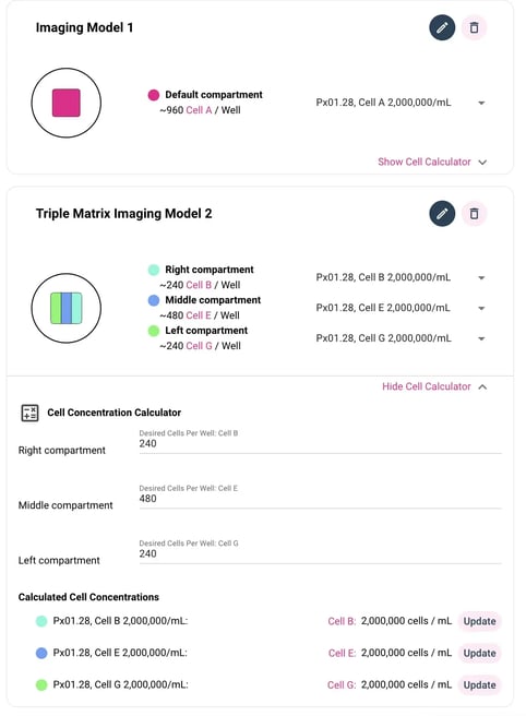 RASTRUM Cloud software interface showing 3D cell model designs with a cell concentration calculator for imaging and triple-matrix models