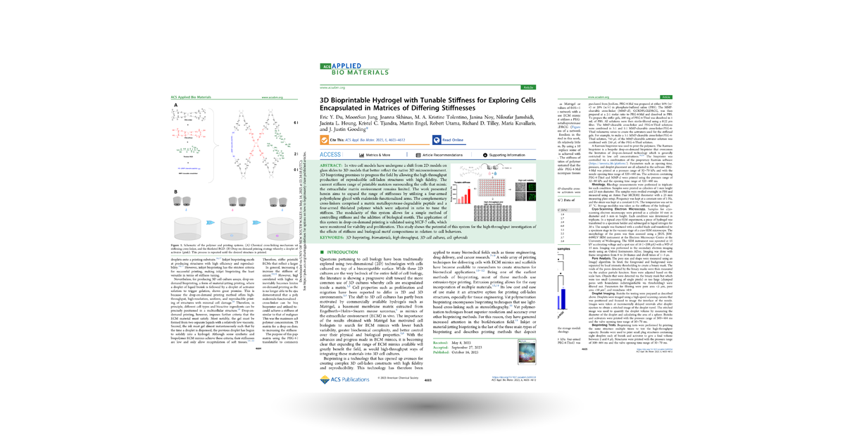 3D Bioprintable Hydrogel with Tunable Stiffness for Exploring Cells Encapsulated in Matrices of Differing Stiffnesses
