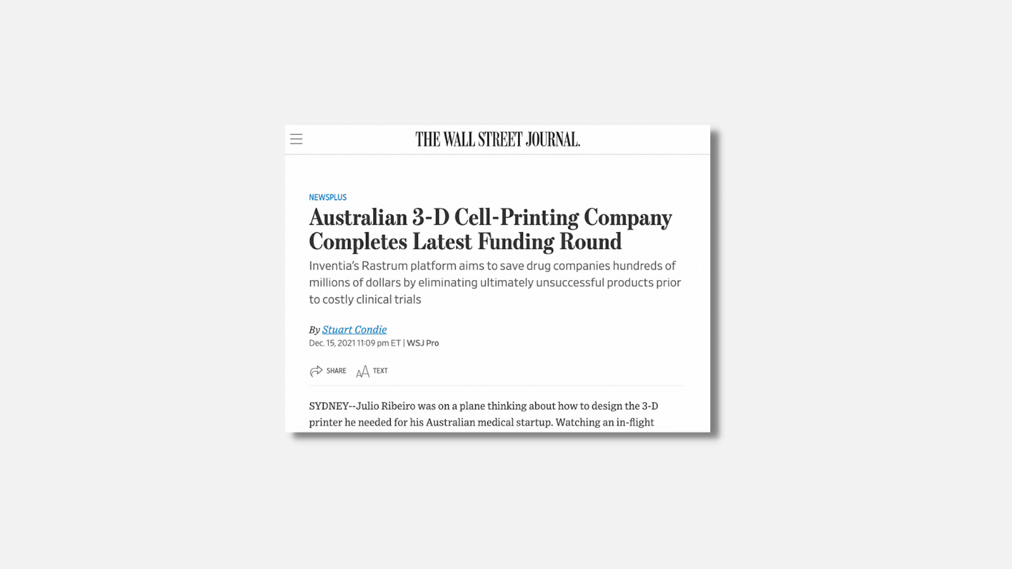 Australian 3-D Cell-Printing Company Completes Latest Funding Round | The Wall Street Journal