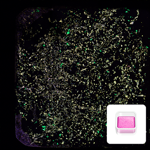 Fluorescent microscopy image of a 3D metastatic mammary adenocarcinoma culture printed with RASTRUM in a High-Throughput Model. Stained nuclei (blue), endoplasmic reticulum (green), and actin (yellow) highlight cell morphology. Inset shows a schematic of the High-Throughput Model for scalable assays.