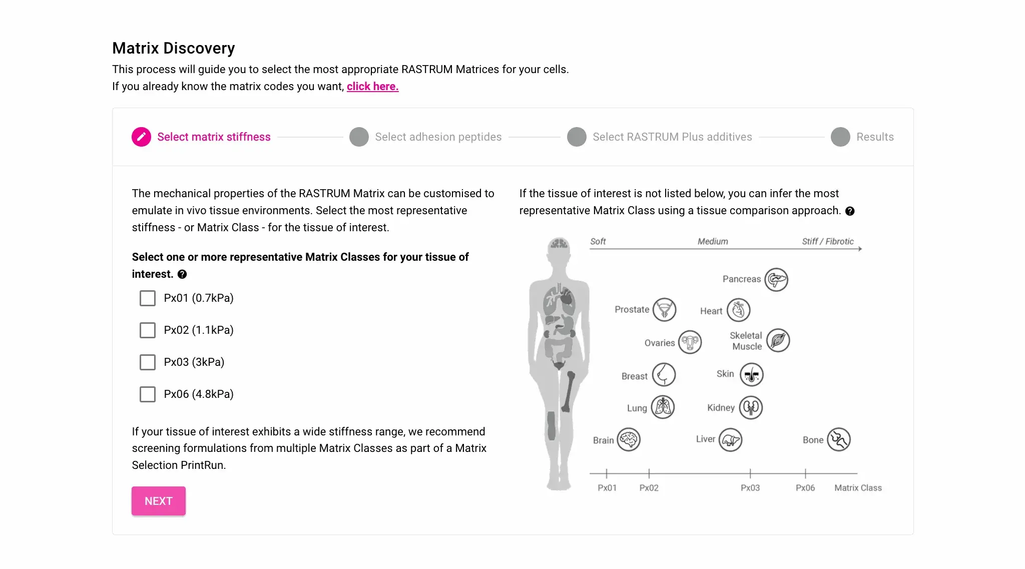 Step-by-step selection process for RASTRUM Cloud Matrix Discovery, guiding users through matrix stiffness, adhesion peptides, and additive selection to create a customized 3D cell culture environment.