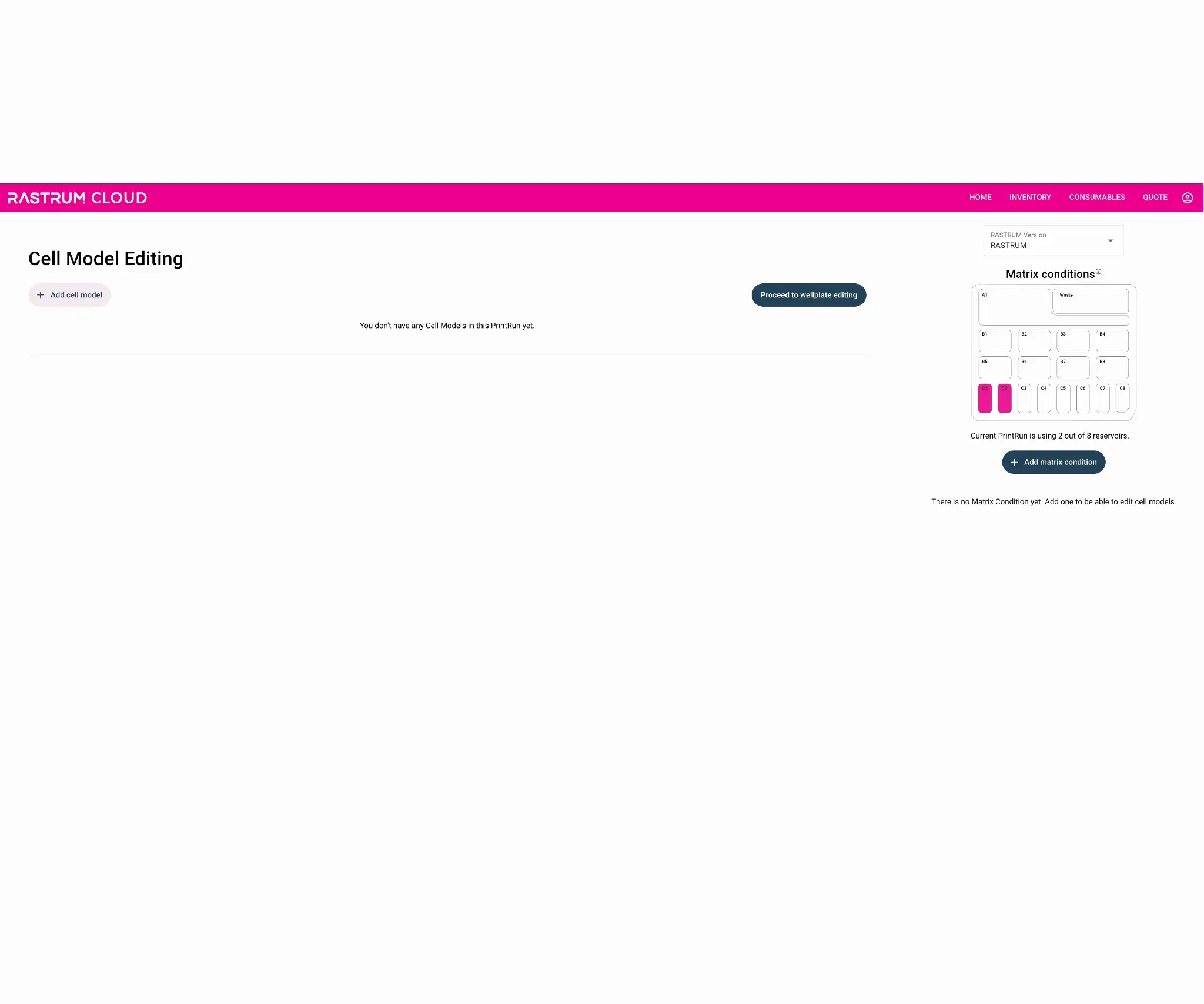 RASTRUM Cloud Print Run Design process visualizing the assignment of cell models to well plates, configuration of matrix conditions, and generation of a PrintRun protocol for downstream analysis.