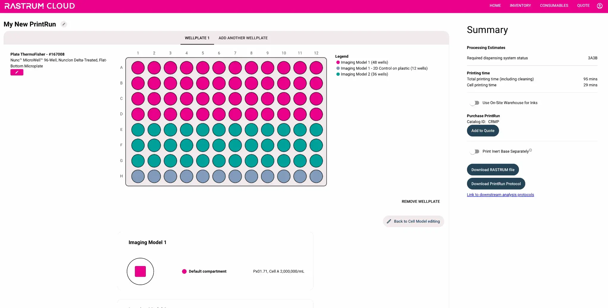 RASTRUM Cloud Quote interface displaying a generated product quotation for a PrintRun, including catalog ID, product description, pricing details, and download options for finalizing the order.