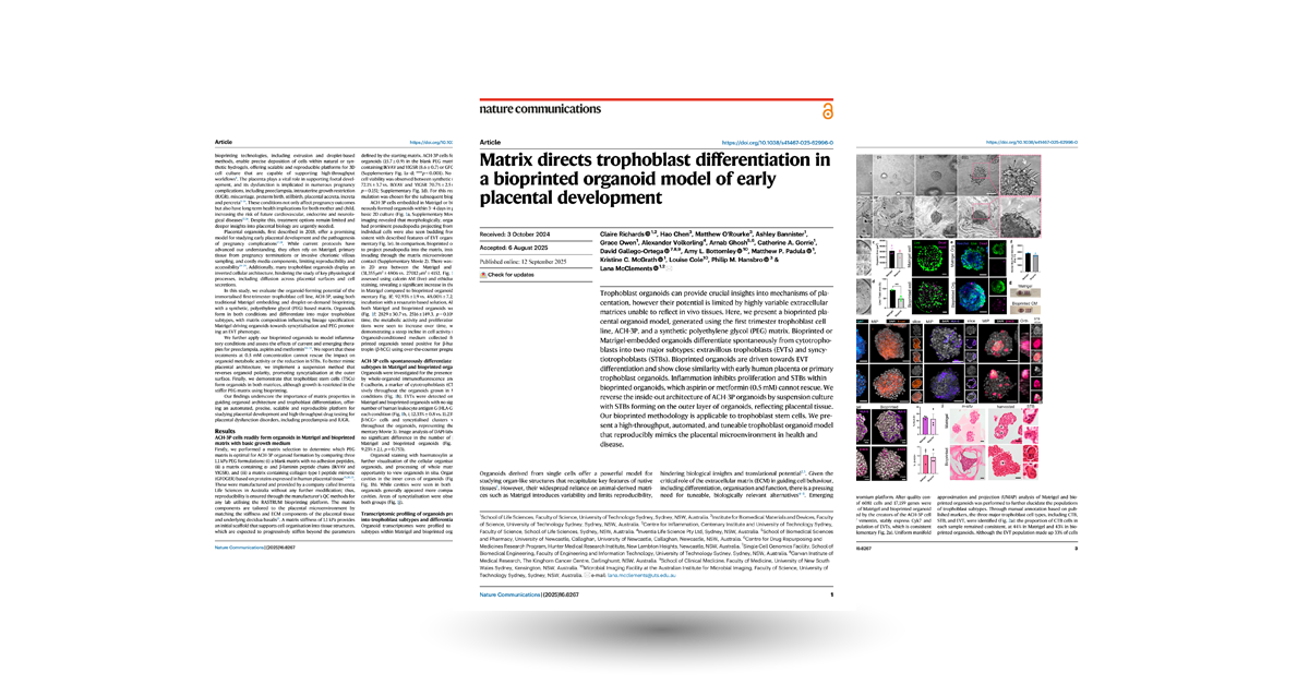 Matrix directs trophoblast differentiation in a bioprinted organoid model of early placental development