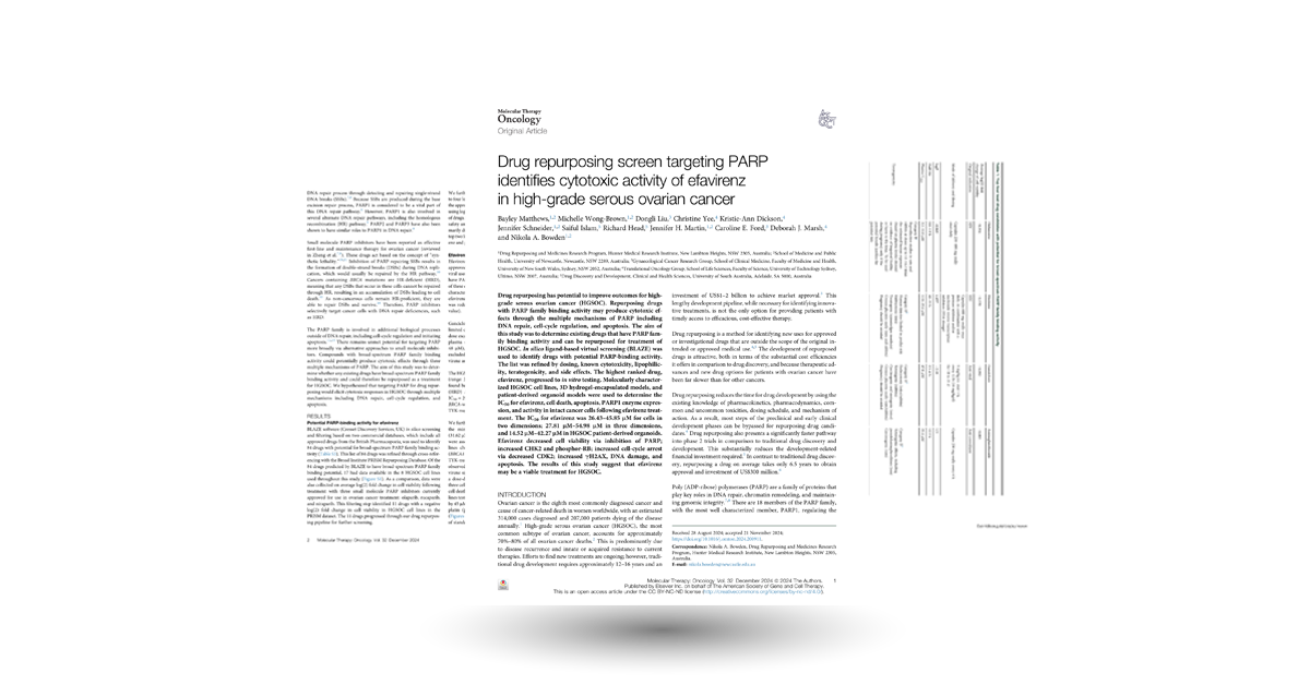 Drug repurposing screen targeting PARP identifies cytotoxic activity of efavirenz in high-grade serous ovarian cancer